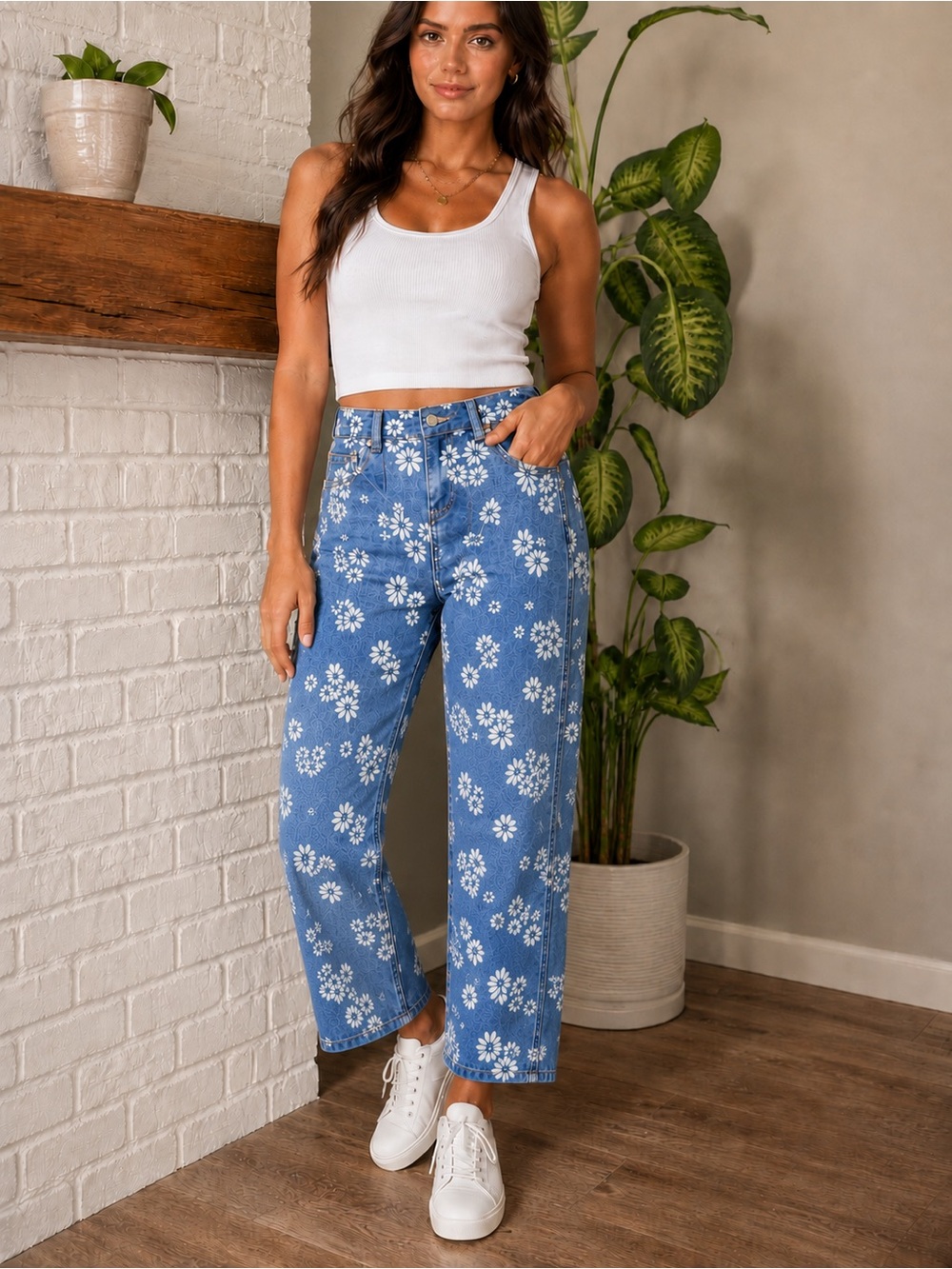 Flamingals Floral Print Barrel Style Mid Rise Cropped Barrel Jeans